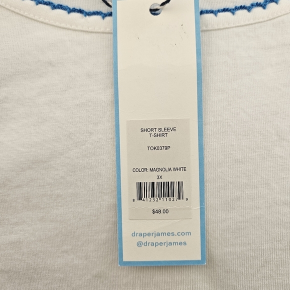 Draper James T Shirt 3X Magnolia White Tee Blue Crochet Detail Scoop Neck Cotton - Picture 7 of 13